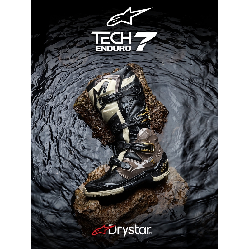 Alpinestars TECH 7 Enduro Drystar motocikla zābaki melni-tumši pelēki-zelta krāsā