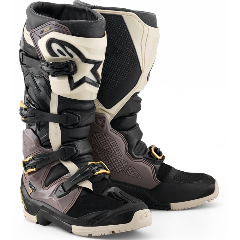 Alpinestars TECH 7 Enduro Drystar motocikla zābaki melni-tumši pelēki-zelta krāsā