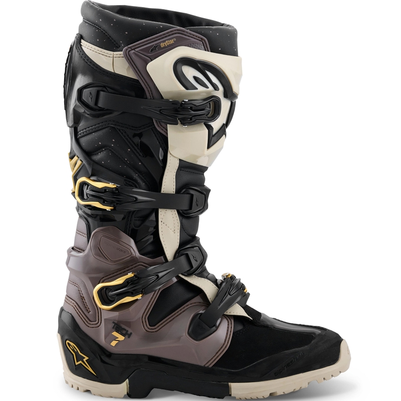 Alpinestars TECH 7 Enduro Drystar motocikla zābaki melni-tumši pelēki-zelta krāsā