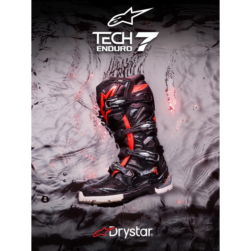 Alpinestars TECH 7 Enduro Drystar motocikla zābaki melni-fluorescējoši sarkani-balti