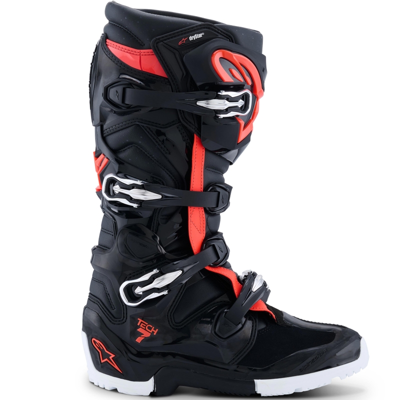 Alpinestars TECH 7 Enduro Drystar motocikla zābaki melni-fluorescējoši sarkani-balti