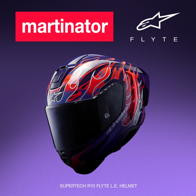 Alpinestars Supertech R-10 Flyte motocikla ķivere, pilna izmēra, ierobežotas izlaiduma, Jorge Martin, violeti sarkana