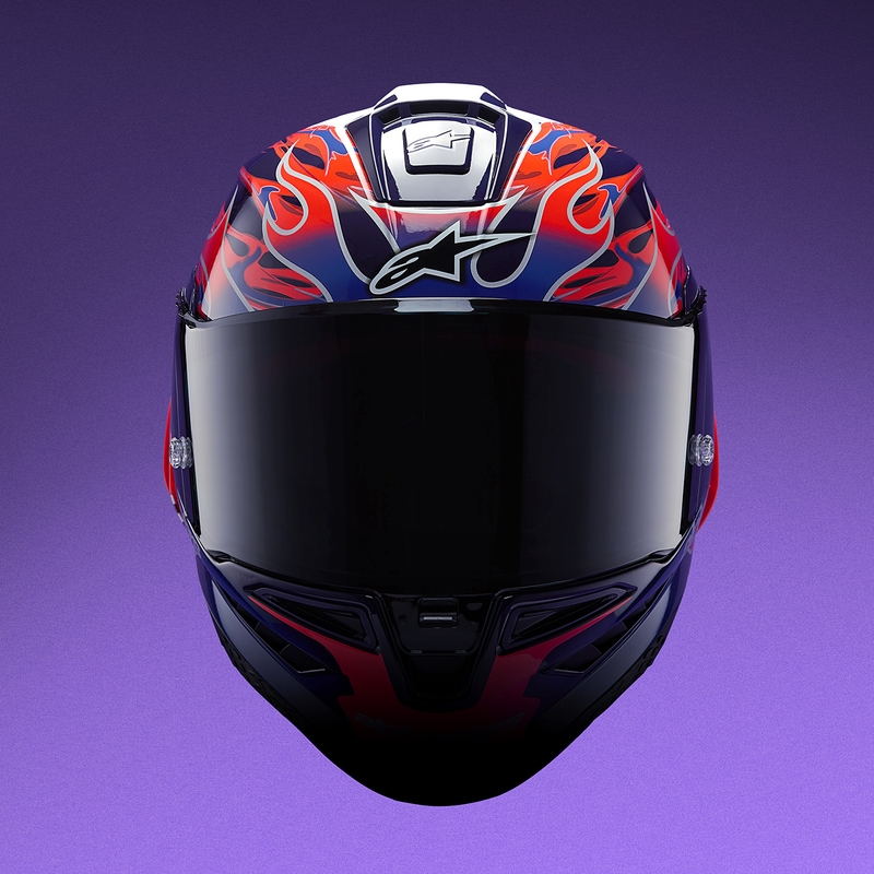 Alpinestars Supertech R-10 Flyte motocikla ķivere, pilna izmēra, ierobežotas izlaiduma, Jorge Martin, violeti sarkana