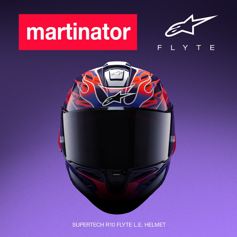 Alpinestars Supertech R-10 Flyte motocikla ķivere, pilna izmēra, ierobežotas izlaiduma, Jorge Martin, violeti sarkana