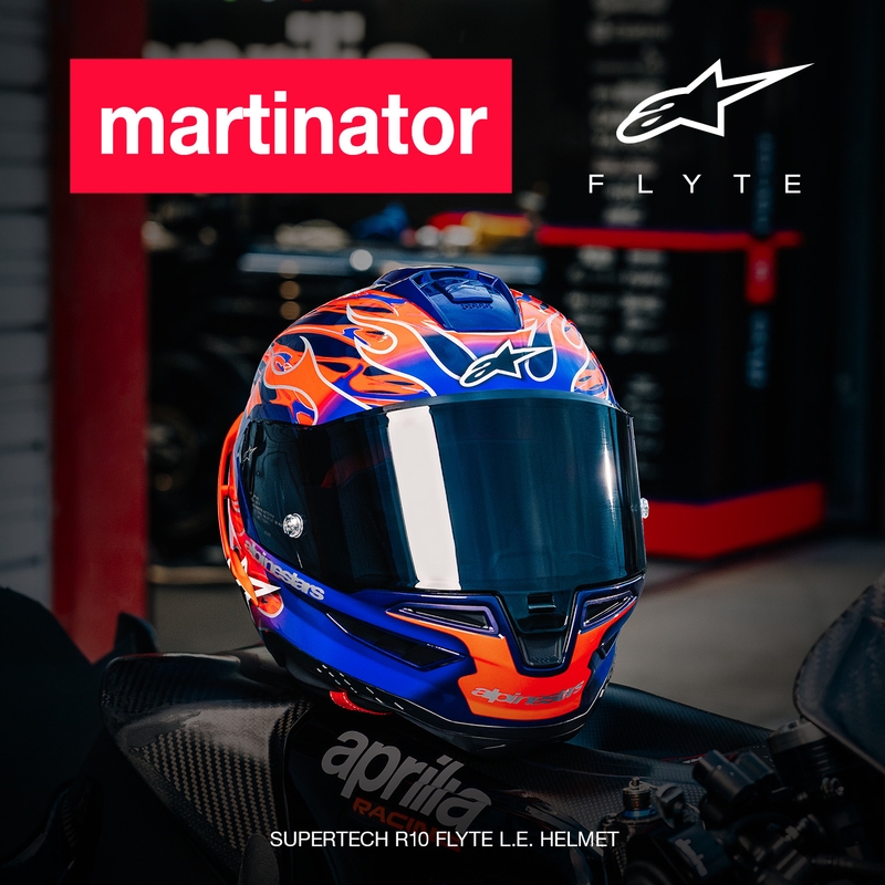 Alpinestars Supertech R-10 Flyte motocikla ķivere, pilna izmēra, ierobežotas izlaiduma, Jorge Martin, violeti sarkana