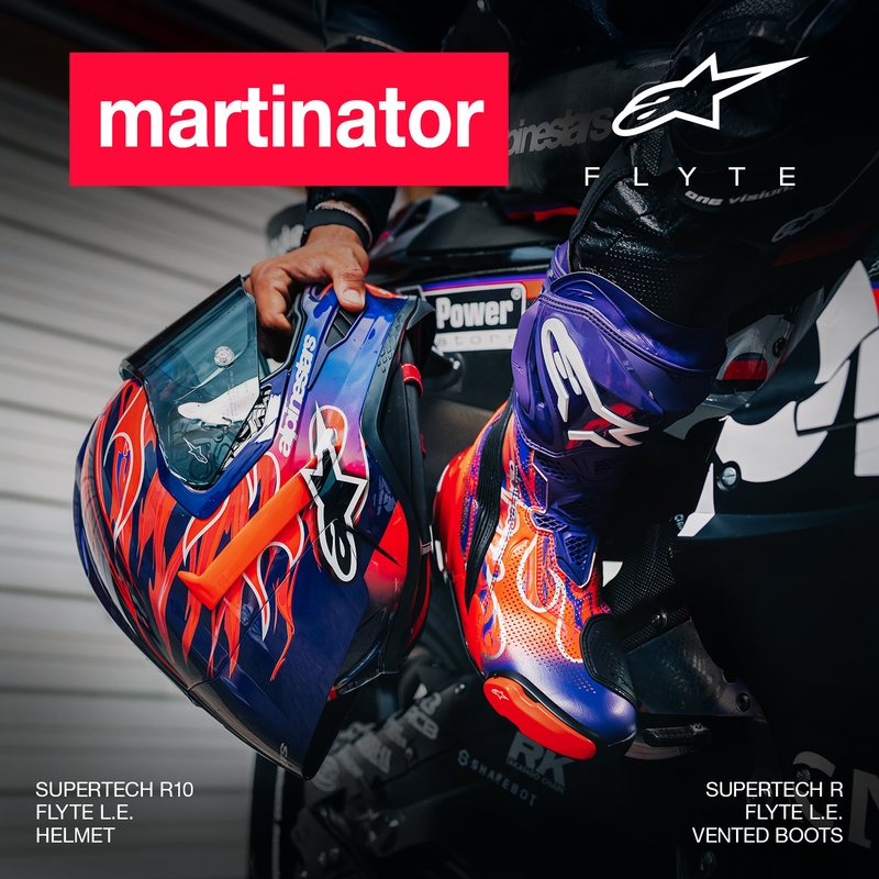 Alpinestars Supertech R-10 Flyte motocikla ķivere, pilna izmēra, ierobežotas izlaiduma, Jorge Martin, violeti sarkana
