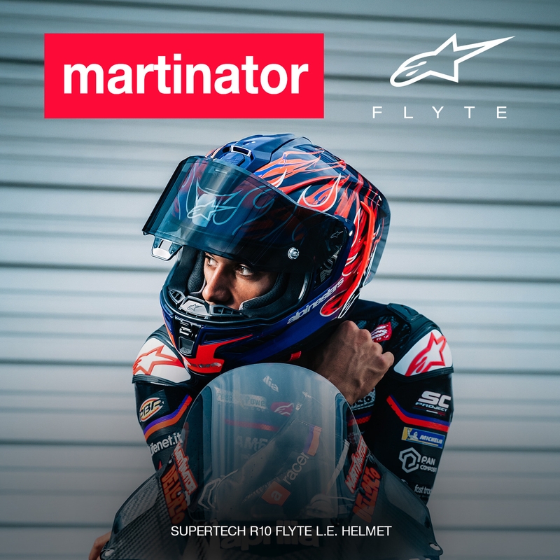 Alpinestars Supertech R-10 Flyte motocikla ķivere, pilna izmēra, ierobežotas izlaiduma, Jorge Martin, violeti sarkana