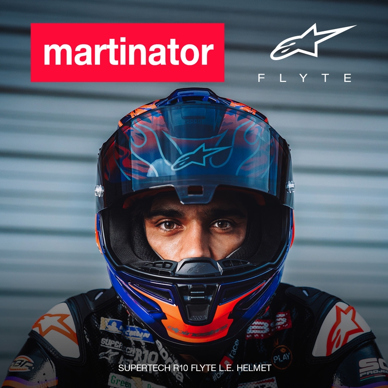 Alpinestars Supertech R-10 Flyte motocikla ķivere, pilna izmēra, ierobežotas izlaiduma, Jorge Martin, violeti sarkana