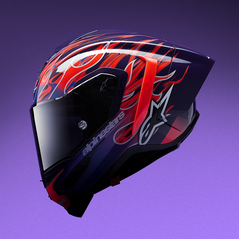 Alpinestars Supertech R-10 Flyte motocikla ķivere, pilna izmēra, ierobežotas izlaiduma, Jorge Martin, violeti sarkana