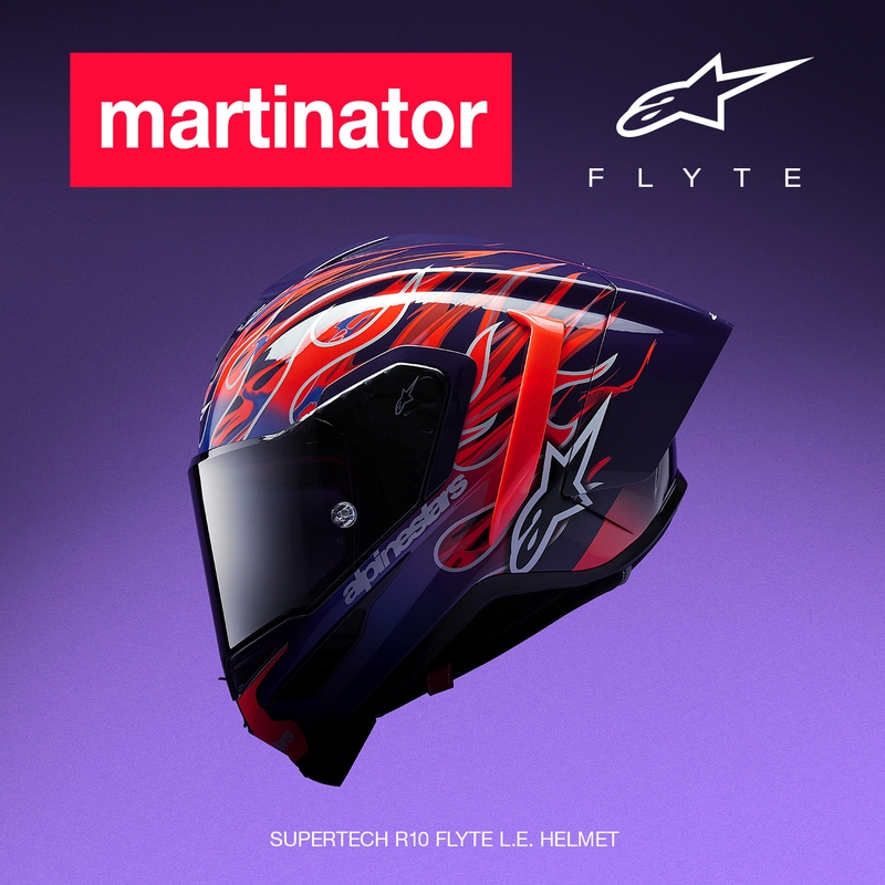 Alpinestars Supertech R-10 Flyte motocikla ķivere, pilna izmēra, ierobežotas izlaiduma, Jorge Martin, violeti sarkana