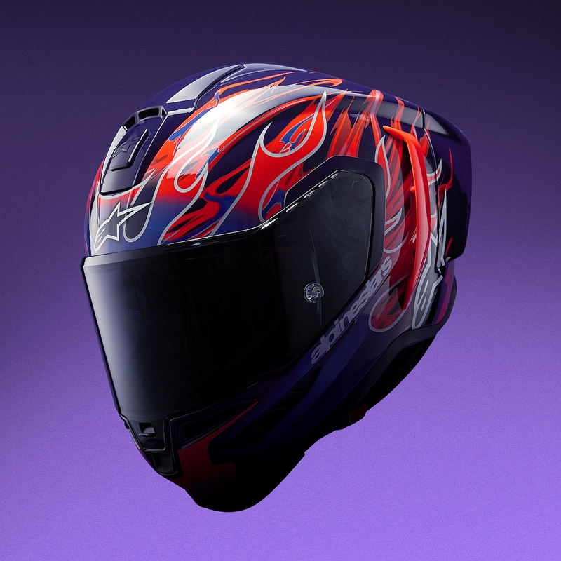 Alpinestars Supertech R-10 Flyte motocikla ķivere, pilna izmēra, ierobežotas izlaiduma, Jorge Martin, violeti sarkana