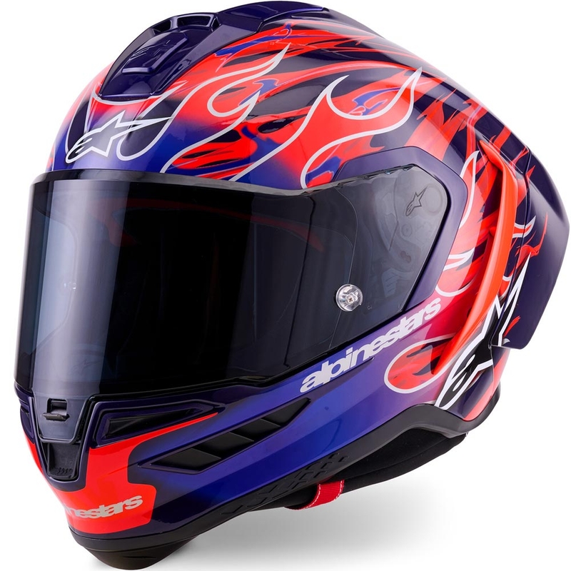 Alpinestars Supertech R-10 Flyte motocikla ķivere, pilna izmēra, ierobežotas izlaiduma, Jorge Martin, violeti sarkana