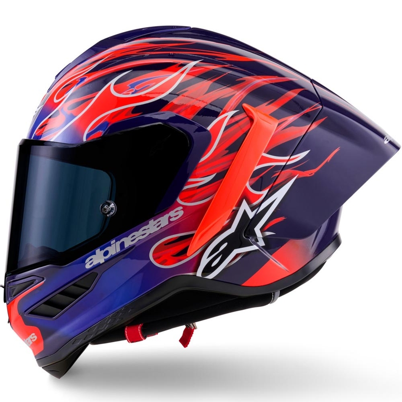 Alpinestars Supertech R-10 Flyte motocikla ķivere, pilna izmēra, ierobežotas izlaiduma, Jorge Martin, violeti sarkana