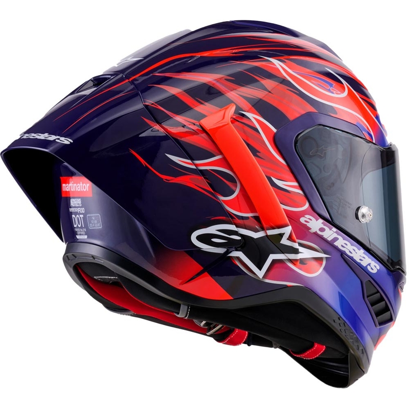 Alpinestars Supertech R-10 Flyte motocikla ķivere, pilna izmēra, ierobežotas izlaiduma, Jorge Martin, violeti sarkana