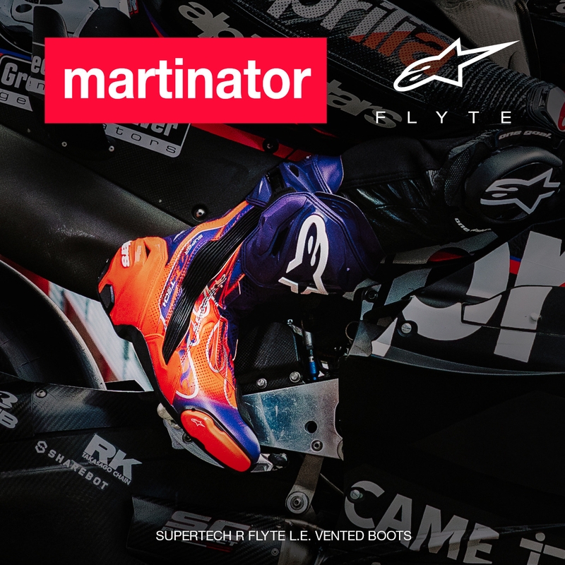 Alpinestars Supertech R Vented Flyte motociklu zābaki, ierobežotas tirāžas, Jorge Martin violeti-sarkani-melni