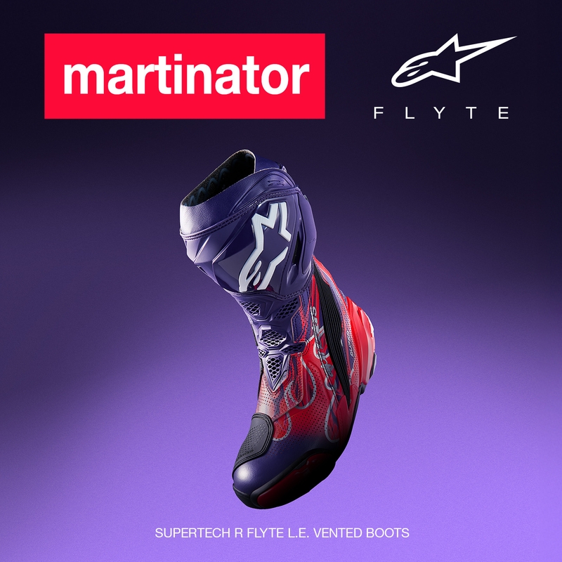 Alpinestars Supertech R Vented Flyte motociklu zābaki, ierobežotas tirāžas, Jorge Martin violeti-sarkani-melni