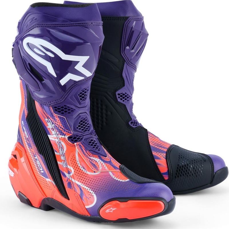 Alpinestars Supertech R Vented Flyte motociklu zābaki, ierobežotas tirāžas, Jorge Martin violeti-sarkani-melni