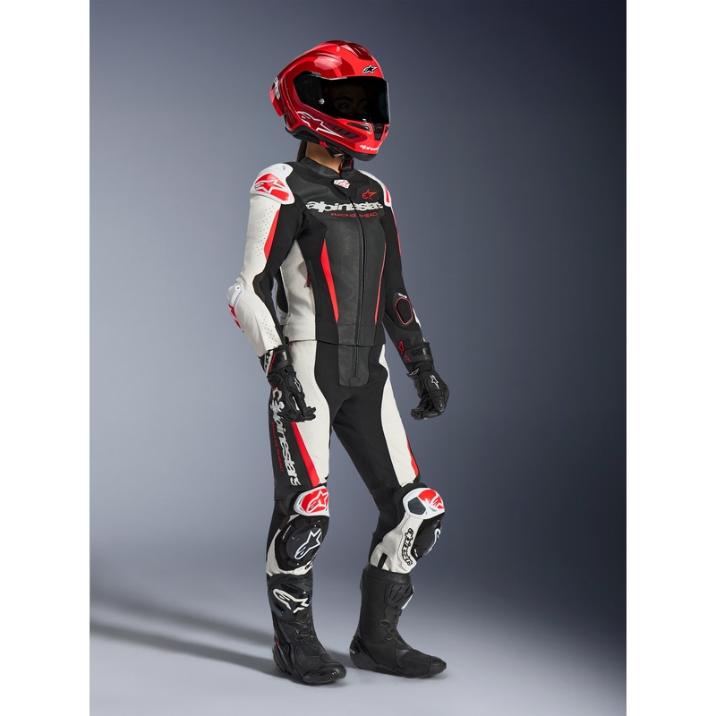 Sieviešu divdaļīgs ādas motocikla kombinezons Alpinestars Stella GP-R7 melns-balts-fluorescējoši sarkans