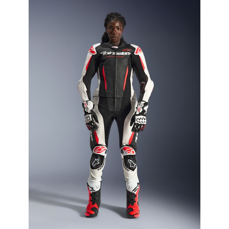 Sieviešu divdaļīgs ādas motocikla kombinezons Alpinestars Stella GP-R7 melns-balts-fluorescējoši sarkans