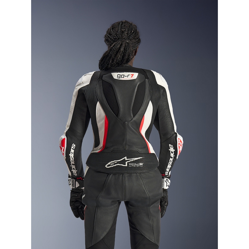 Sieviešu divdaļīgs ādas motocikla kombinezons Alpinestars Stella GP-R7 melns-balts-fluorescējoši sarkans
