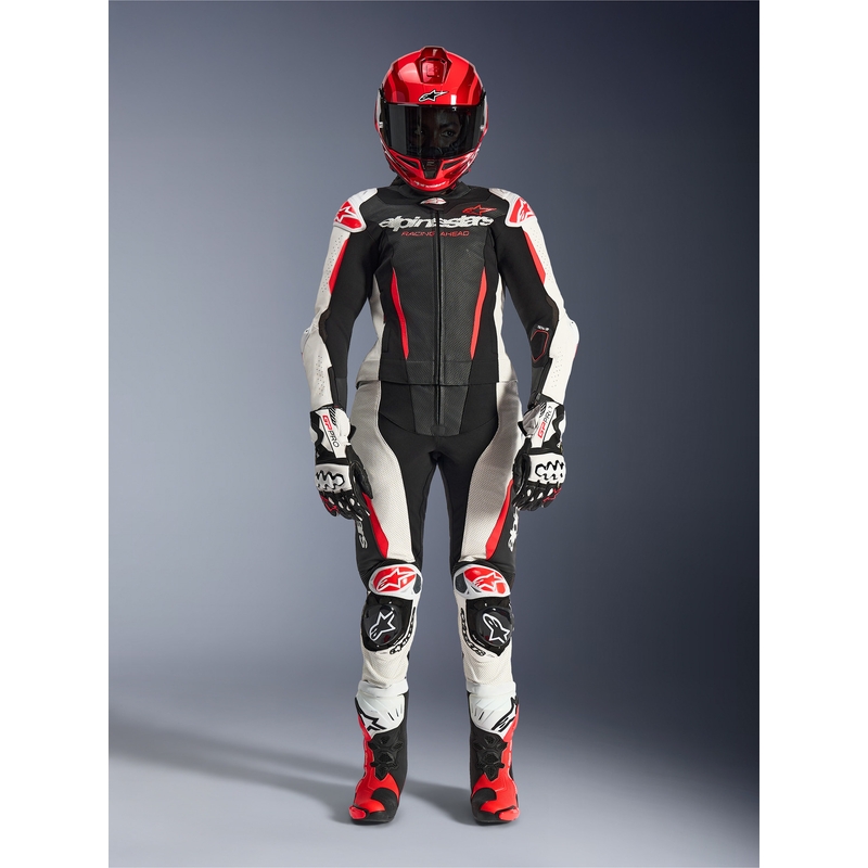 Sieviešu divdaļīgs ādas motocikla kombinezons Alpinestars Stella GP-R7 melns-balts-fluorescējoši sarkans