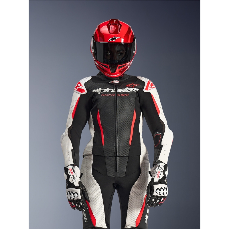 Sieviešu divdaļīgs ādas motocikla kombinezons Alpinestars Stella GP-R7 melns-balts-fluorescējoši sarkans