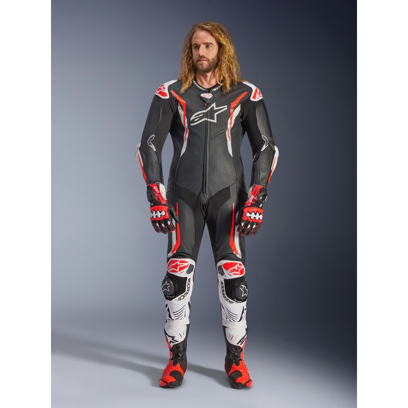 Alpinestars GP TECH V5 ādas motocikla kombinezons melns-balts-fluorescējoši sarkans
