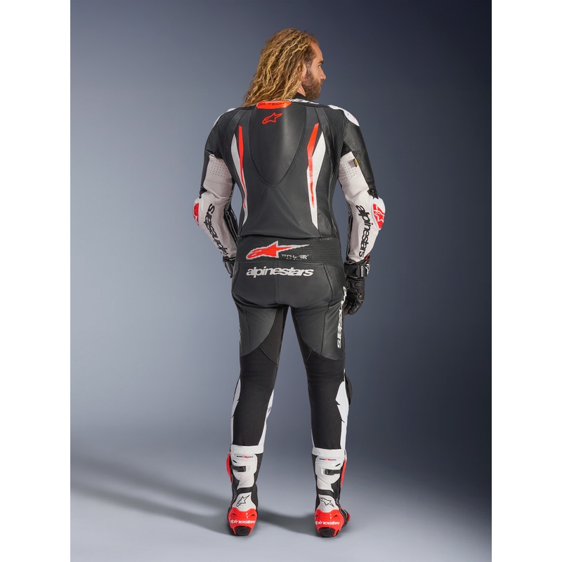 Alpinestars GP TECH V5 ādas motocikla kombinezons melns-balts-fluorescējoši sarkans