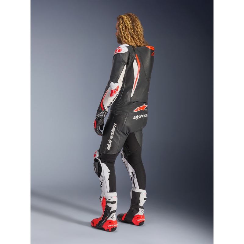 Alpinestars GP TECH V5 ādas motocikla kombinezons melns-balts-fluorescējoši sarkans