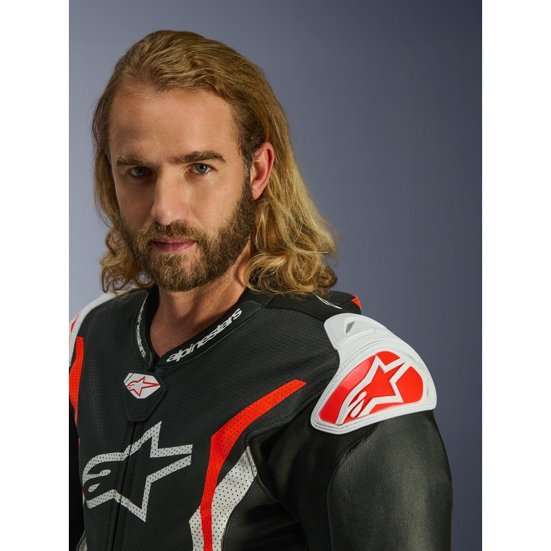 Alpinestars GP TECH V5 ādas motocikla kombinezons melns-balts-fluorescējoši sarkans