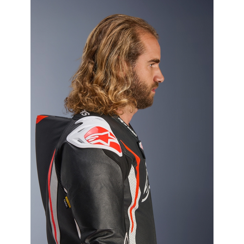 Alpinestars GP TECH V5 ādas motocikla kombinezons melns-balts-fluorescējoši sarkans