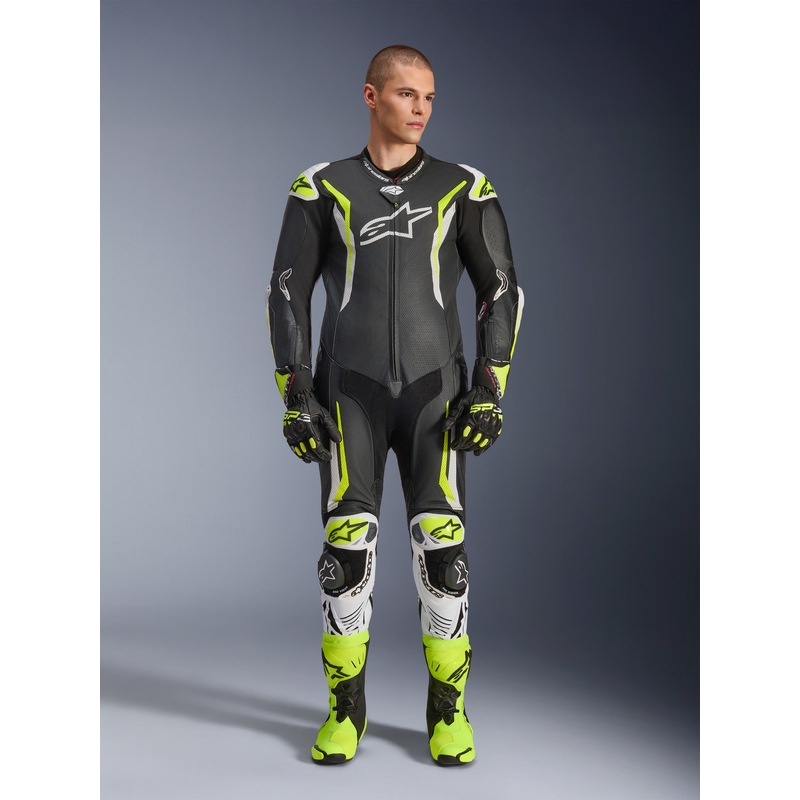 Alpinestars GP TECH V5 ādas motocikla kombinezons melns-balts-fluorescējošs dzeltens