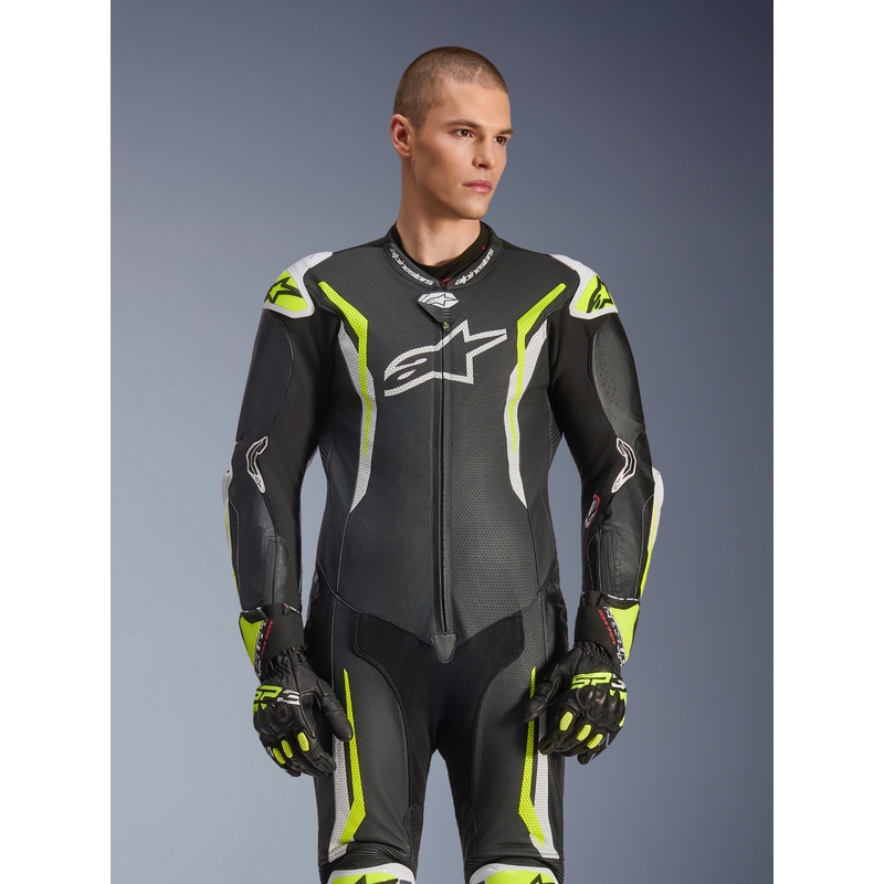 Alpinestars GP TECH V5 ādas motocikla kombinezons melns-balts-fluorescējošs dzeltens