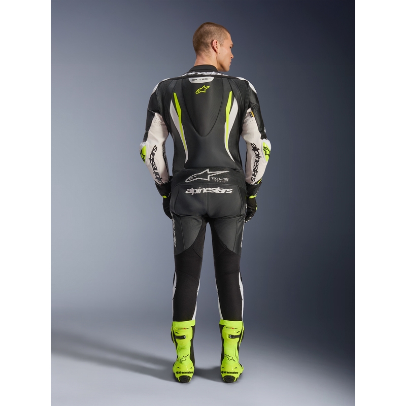 Alpinestars GP TECH V5 ādas motocikla kombinezons melns-balts-fluorescējošs dzeltens