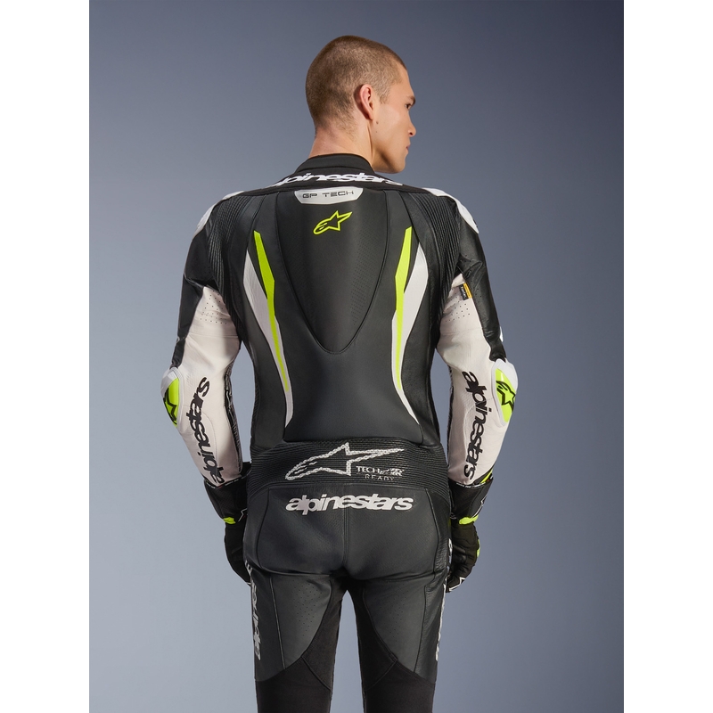 Alpinestars GP TECH V5 ādas motocikla kombinezons melns-balts-fluorescējošs dzeltens