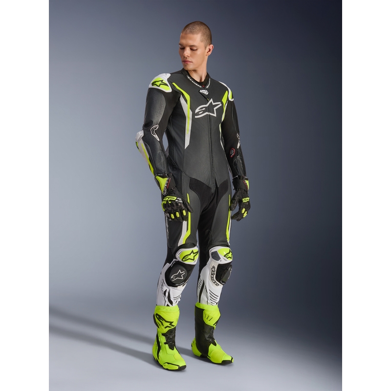 Alpinestars GP TECH V5 ādas motocikla kombinezons melns-balts-fluorescējošs dzeltens