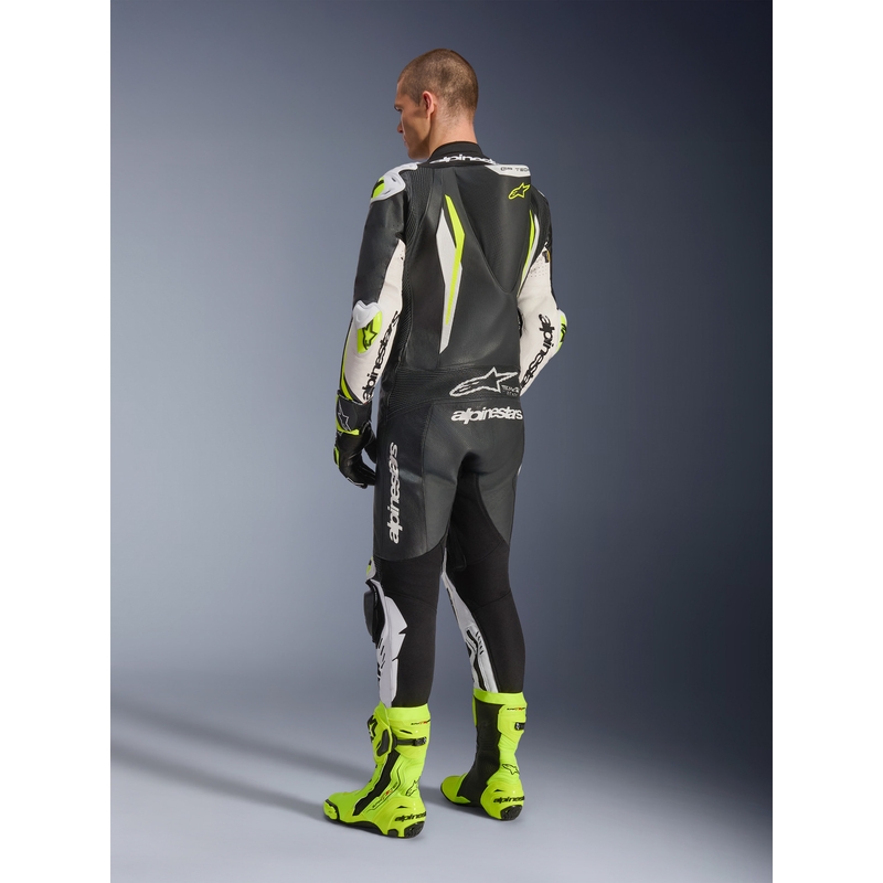 Alpinestars GP TECH V5 ādas motocikla kombinezons melns-balts-fluorescējošs dzeltens
