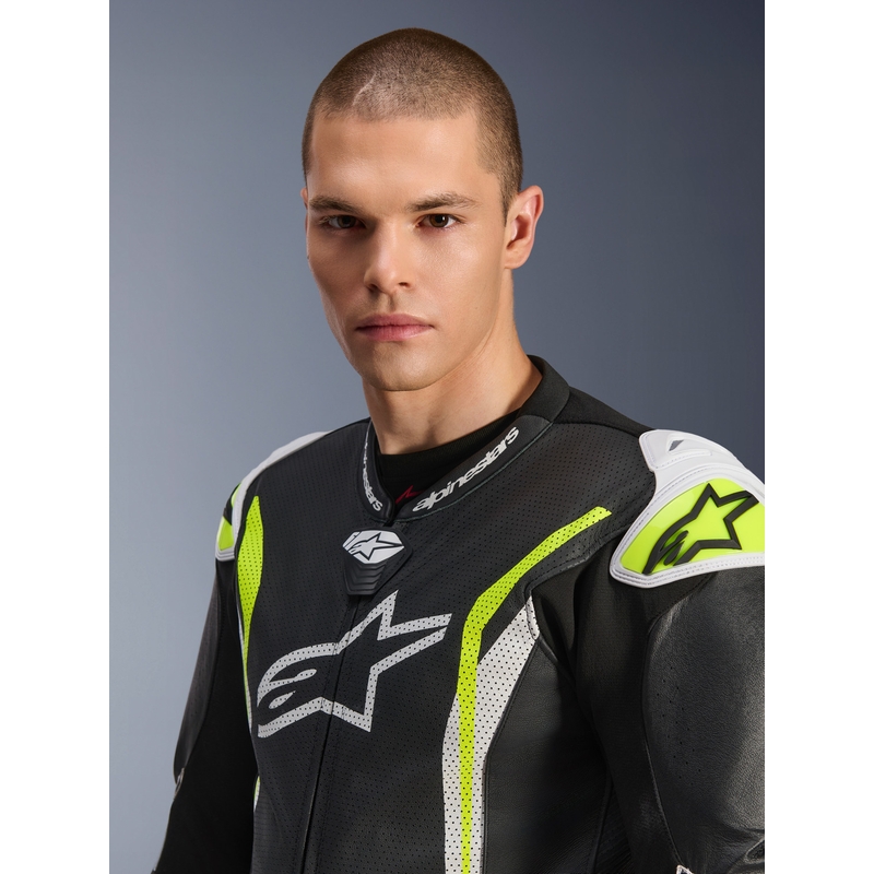 Alpinestars GP TECH V5 ādas motocikla kombinezons melns-balts-fluorescējošs dzeltens