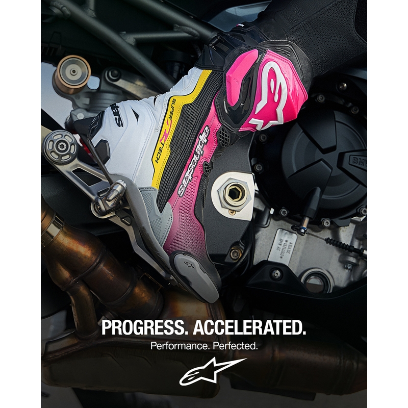 Alpinestars Supertech R motociklu zābaki melni-balti-rozā-dzelteni