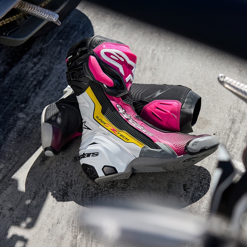 Alpinestars Supertech R motociklu zābaki melni-balti-rozā-dzelteni