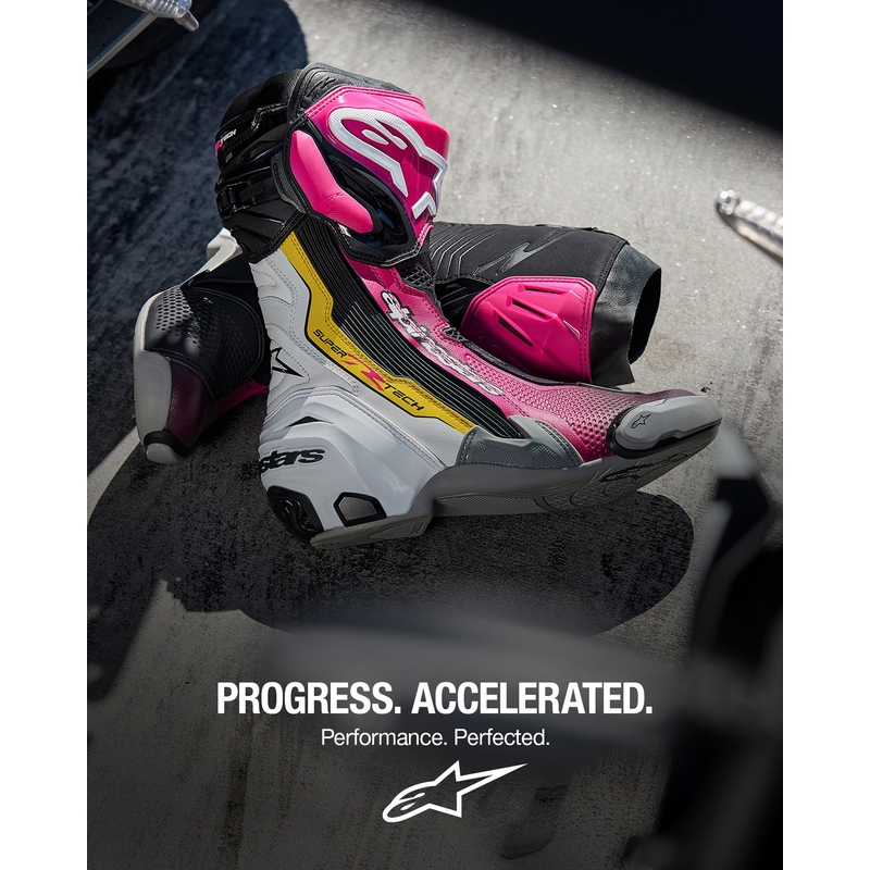 Alpinestars Supertech R motociklu zābaki melni-balti-rozā-dzelteni