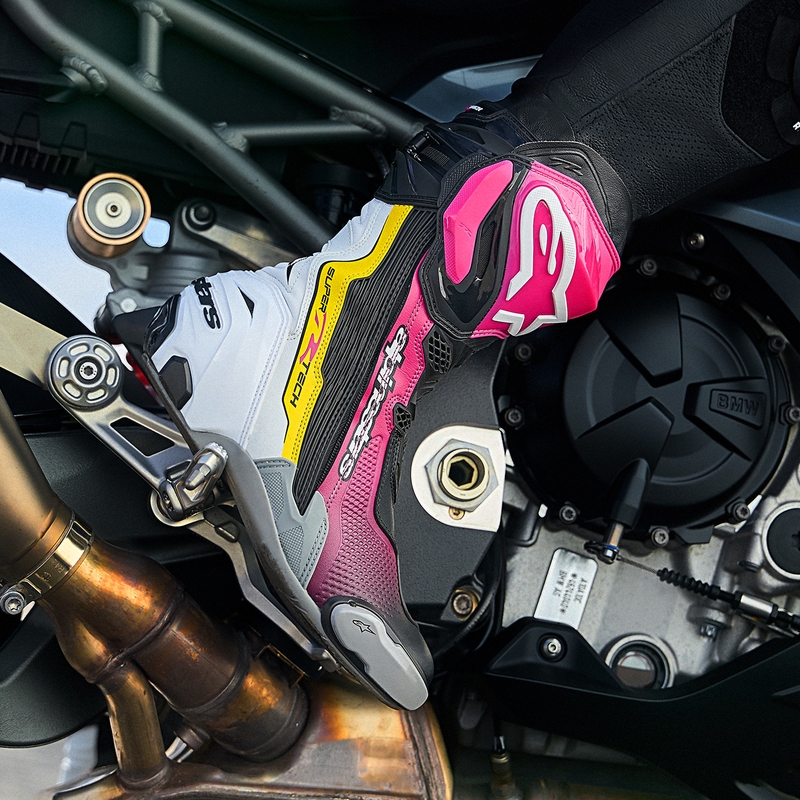 Alpinestars Supertech R motociklu zābaki melni-balti-rozā-dzelteni