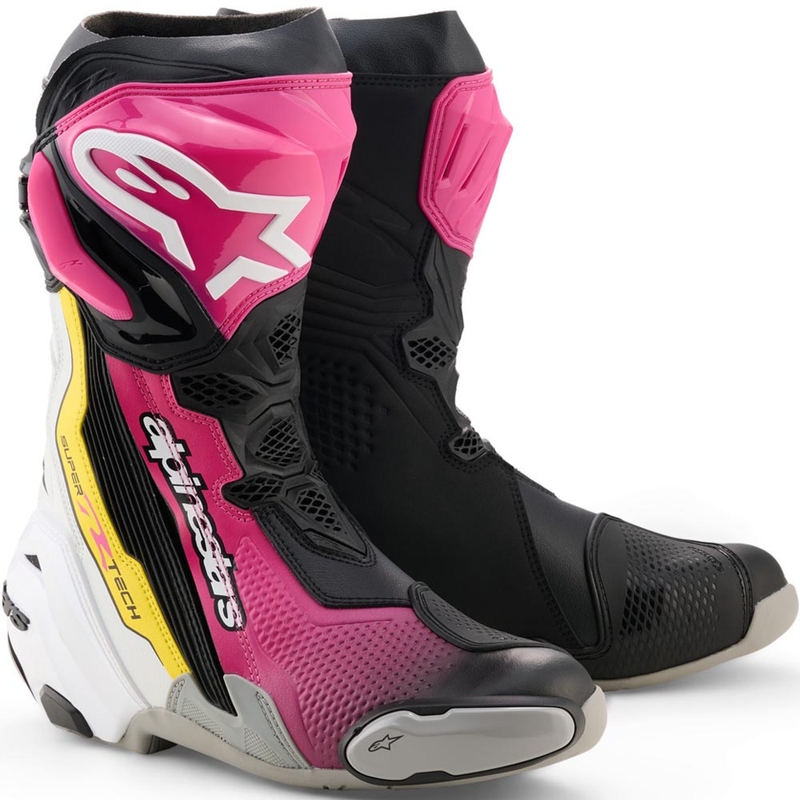 Alpinestars Supertech R motociklu zābaki melni-balti-rozā-dzelteni