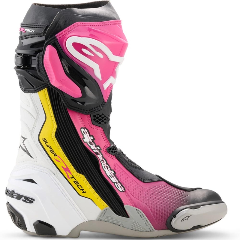 Alpinestars Supertech R motociklu zābaki melni-balti-rozā-dzelteni