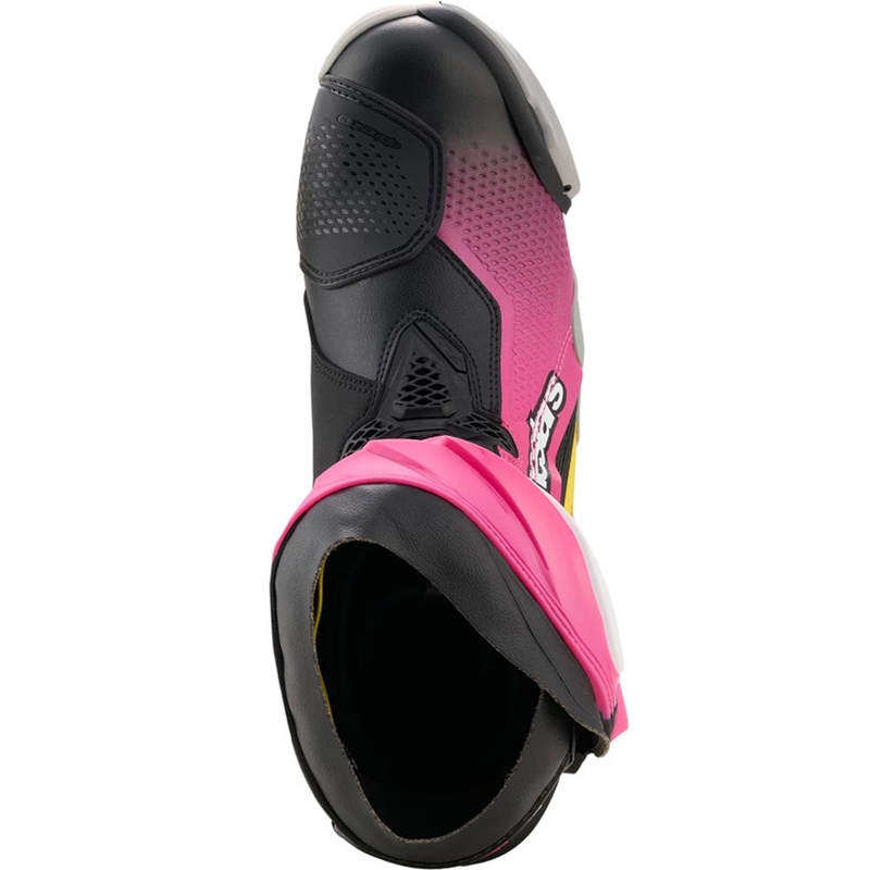 Alpinestars Supertech R motociklu zābaki melni-balti-rozā-dzelteni