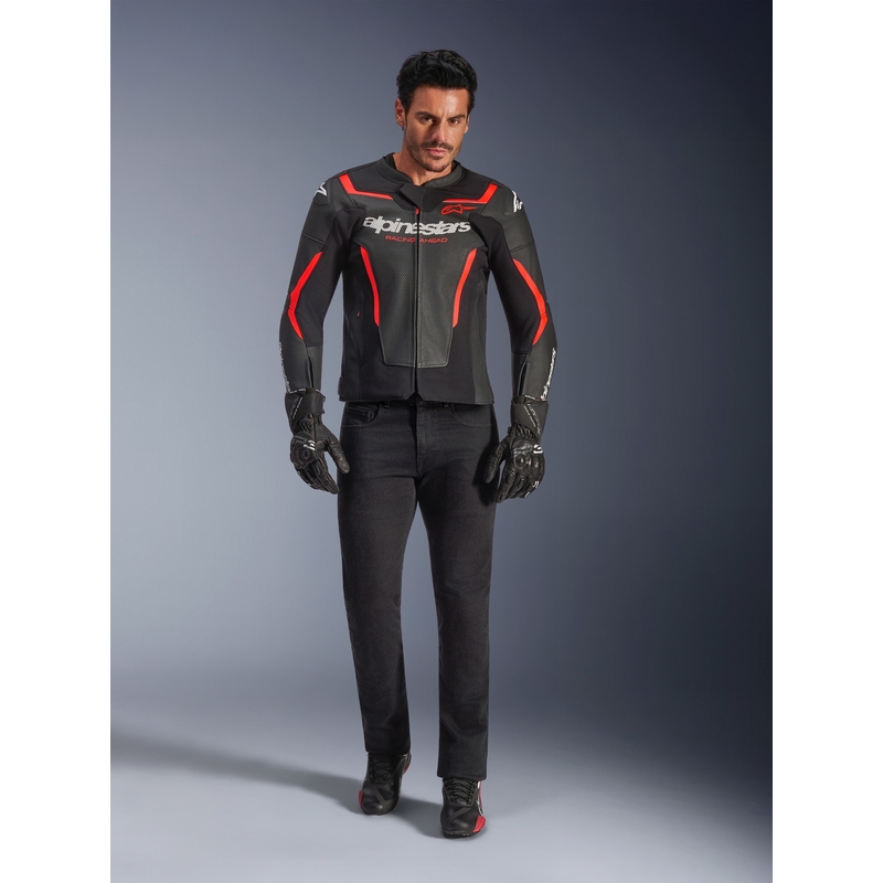 Alpinestars GP Force V2 Airflow ādas motocikla jaka melna-fluorescējoši sarkana-balta