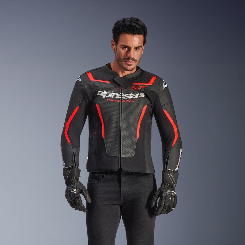 Alpinestars GP Force V2 Airflow ādas motocikla jaka melna-fluorescējoši sarkana-balta