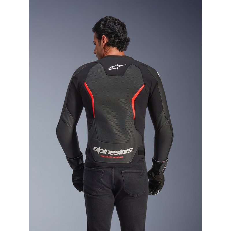 Alpinestars GP Force V2 Airflow ādas motocikla jaka melna-fluorescējoši sarkana-balta