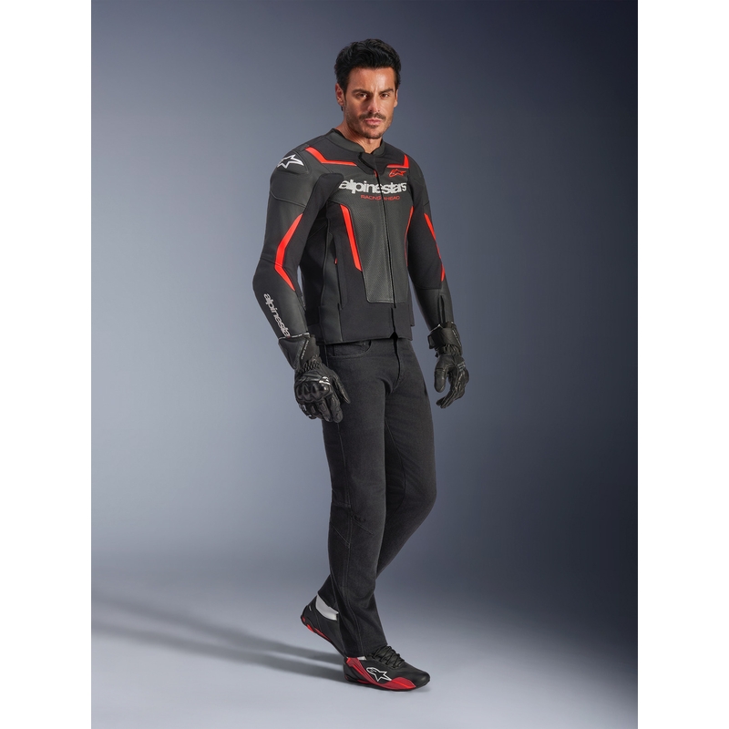 Alpinestars GP Force V2 Airflow ādas motocikla jaka melna-fluorescējoši sarkana-balta