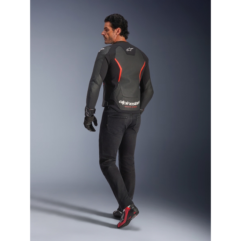 Alpinestars GP Force V2 Airflow ādas motocikla jaka melna-fluorescējoši sarkana-balta